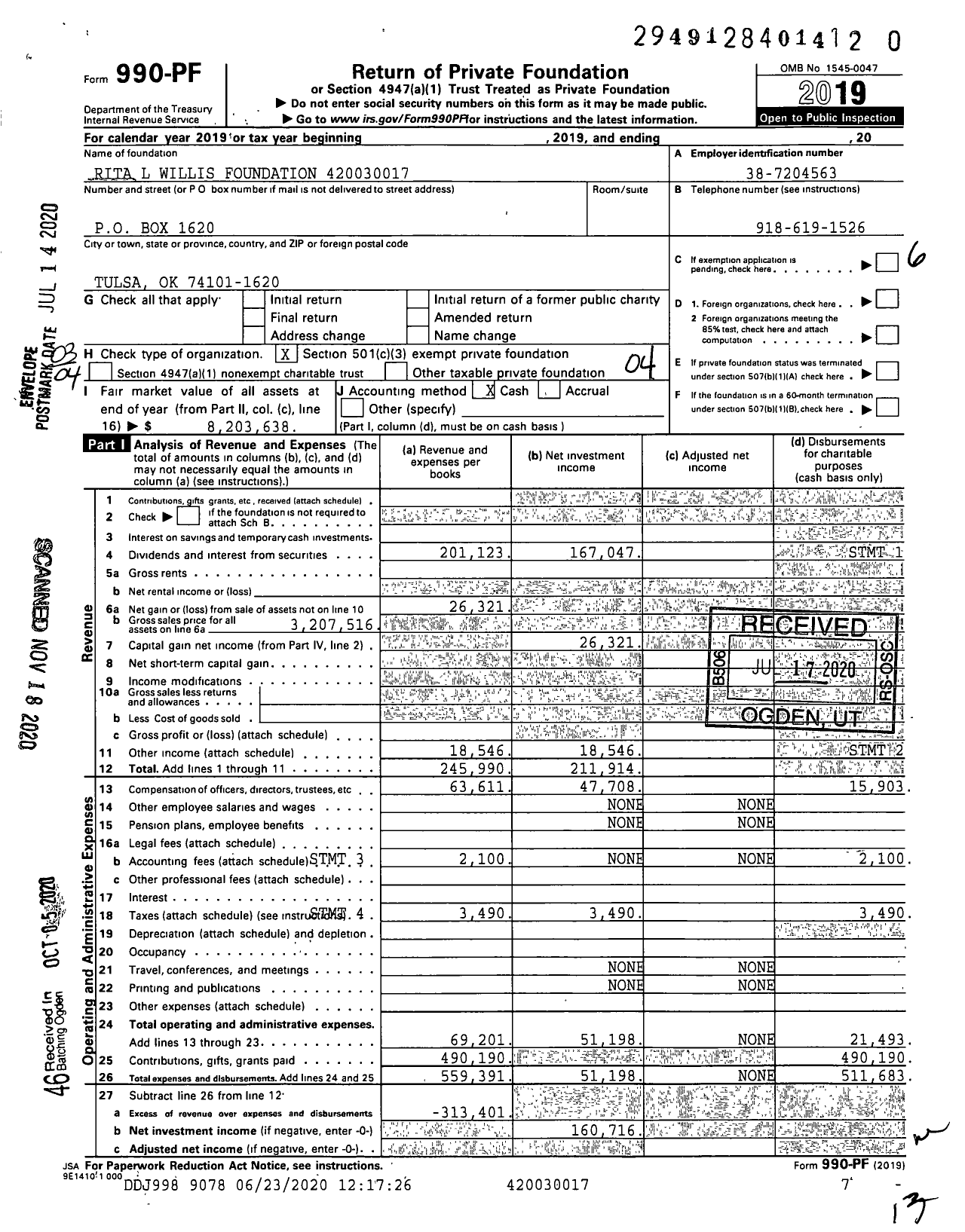 Image of first page of 2019 Form 990PF for Rita L Willis Foundation XXX-XX-XXXX