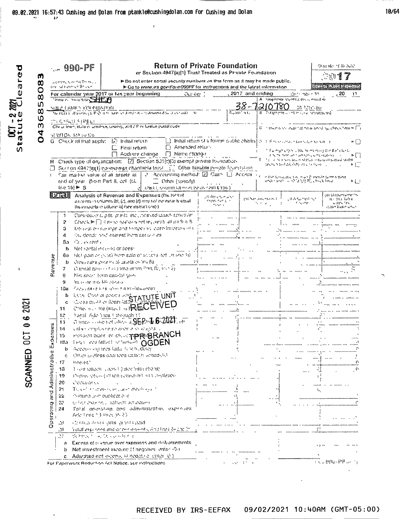 Image of first page of 2017 Form 990PA for Shea Family Foundation / Robert J Gaynor Et Al Ttee