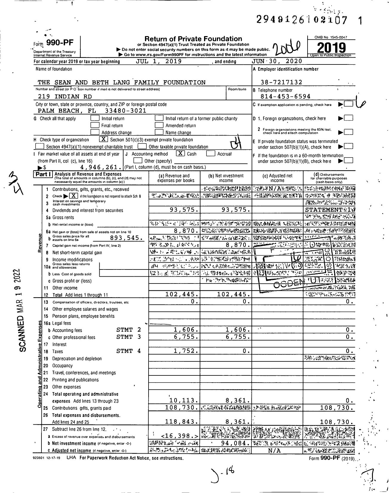 Image of first page of 2019 Form 990PF for The Sean and Beth Lang Family Foundation