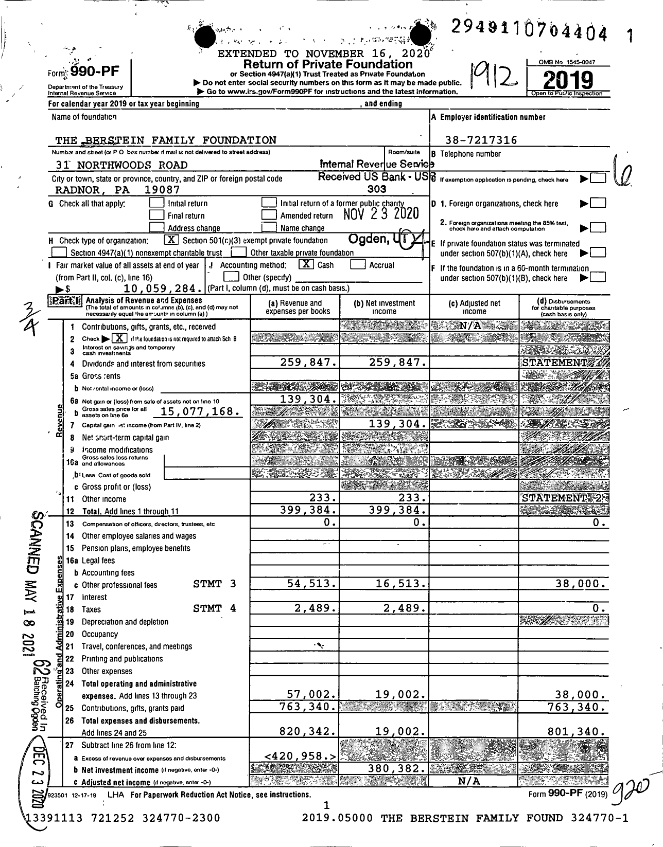 Image of first page of 2019 Form 990PF for The Berstein Family Foundation