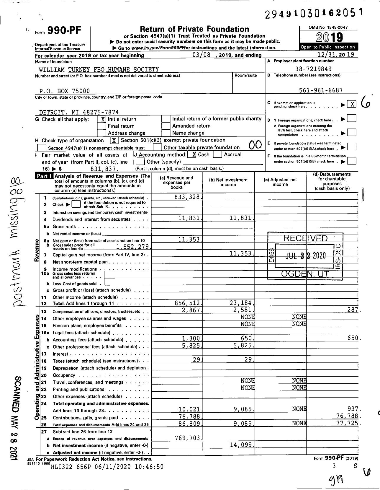 Image of first page of 2019 Form 990PF for William Turney Fbo Humane Society