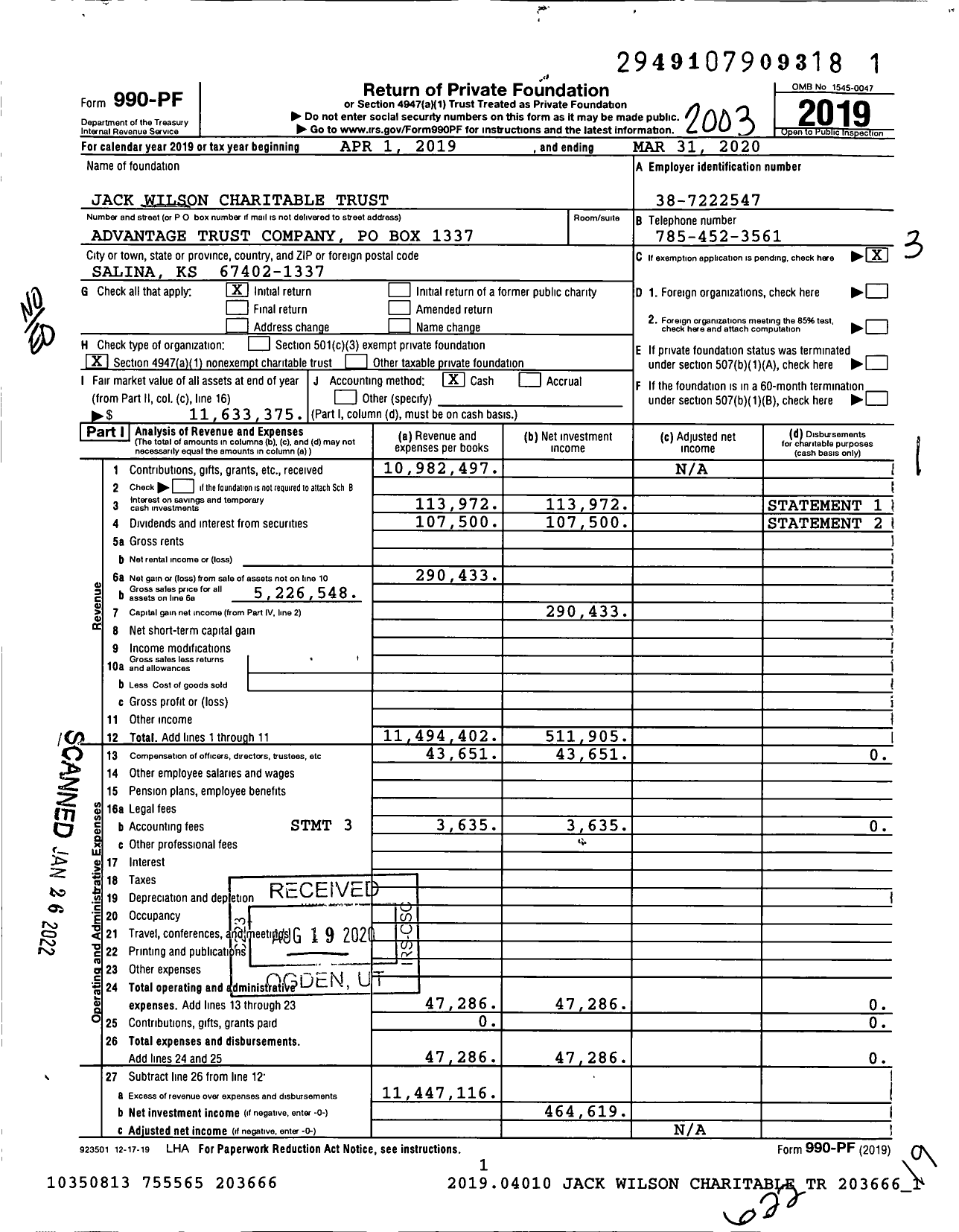 Image of first page of 2019 Form 990PF for Jack A Wilson Charitable Trust