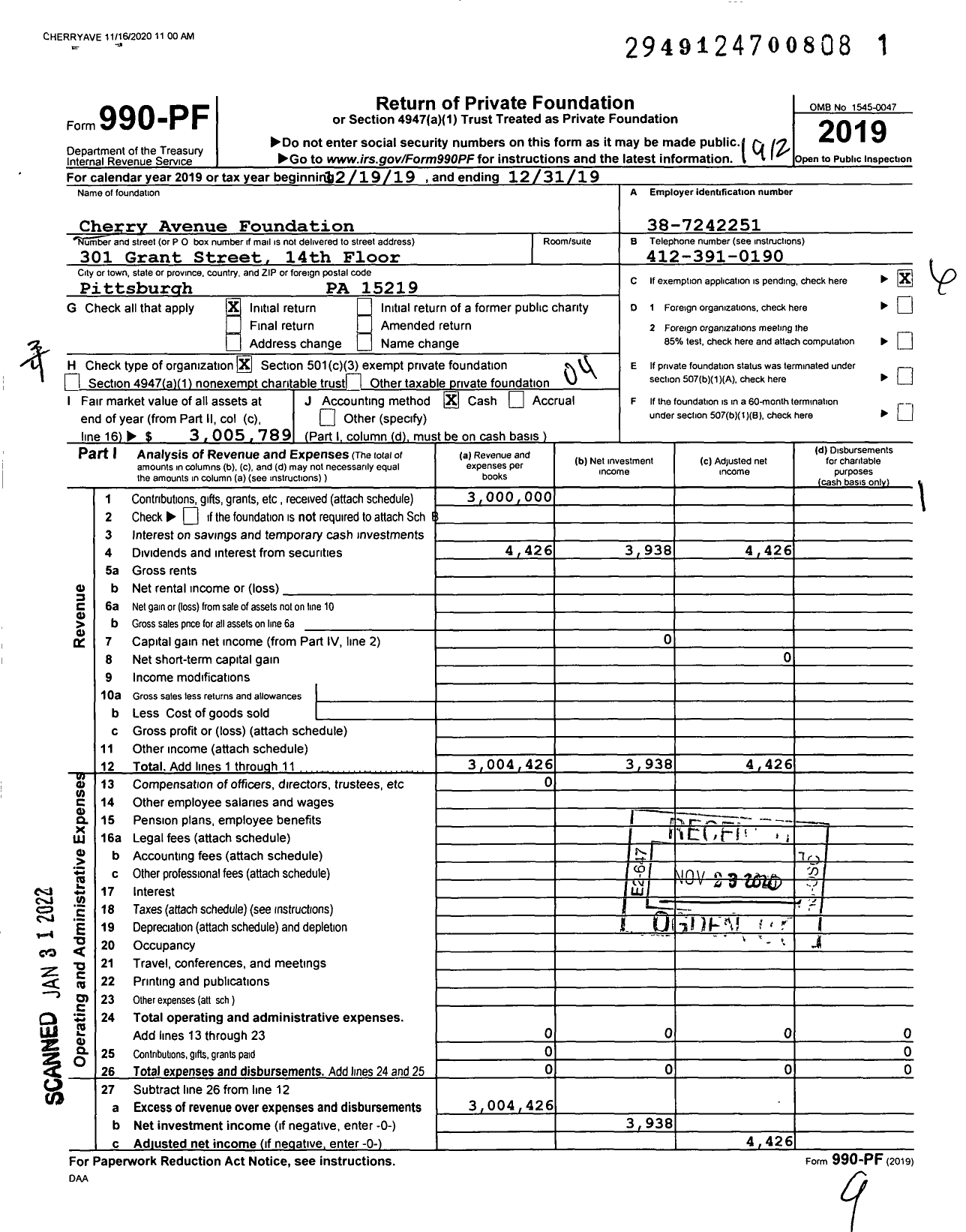 Image of first page of 2019 Form 990PF for Cherry Avenue Foundation / Elijah J Mayfield Et Al Ttee