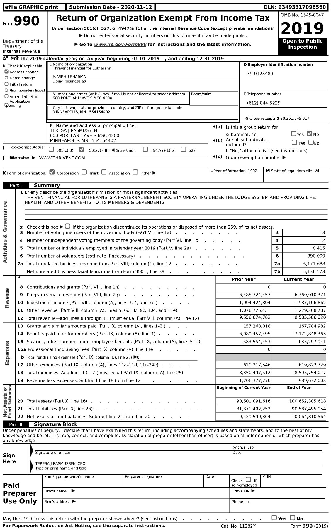 Image of first page of 2019 Form 990 for Thrivent Financial for Lutherans