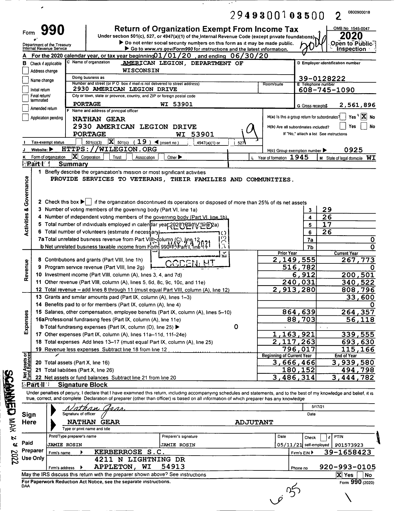 Image of first page of 2019 Form 990O for American Legion - Department of Wisconsin