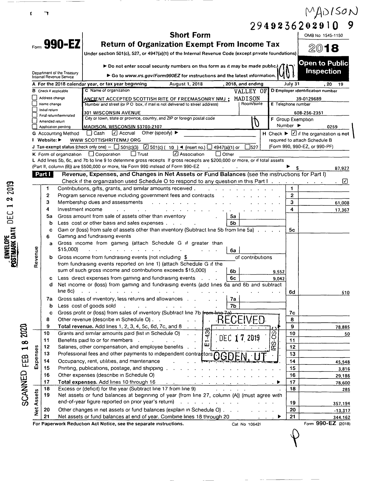 Image of first page of 2018 Form 990EO for Scottish Rite, NMJ - Valley of Madison AASR-NMJ