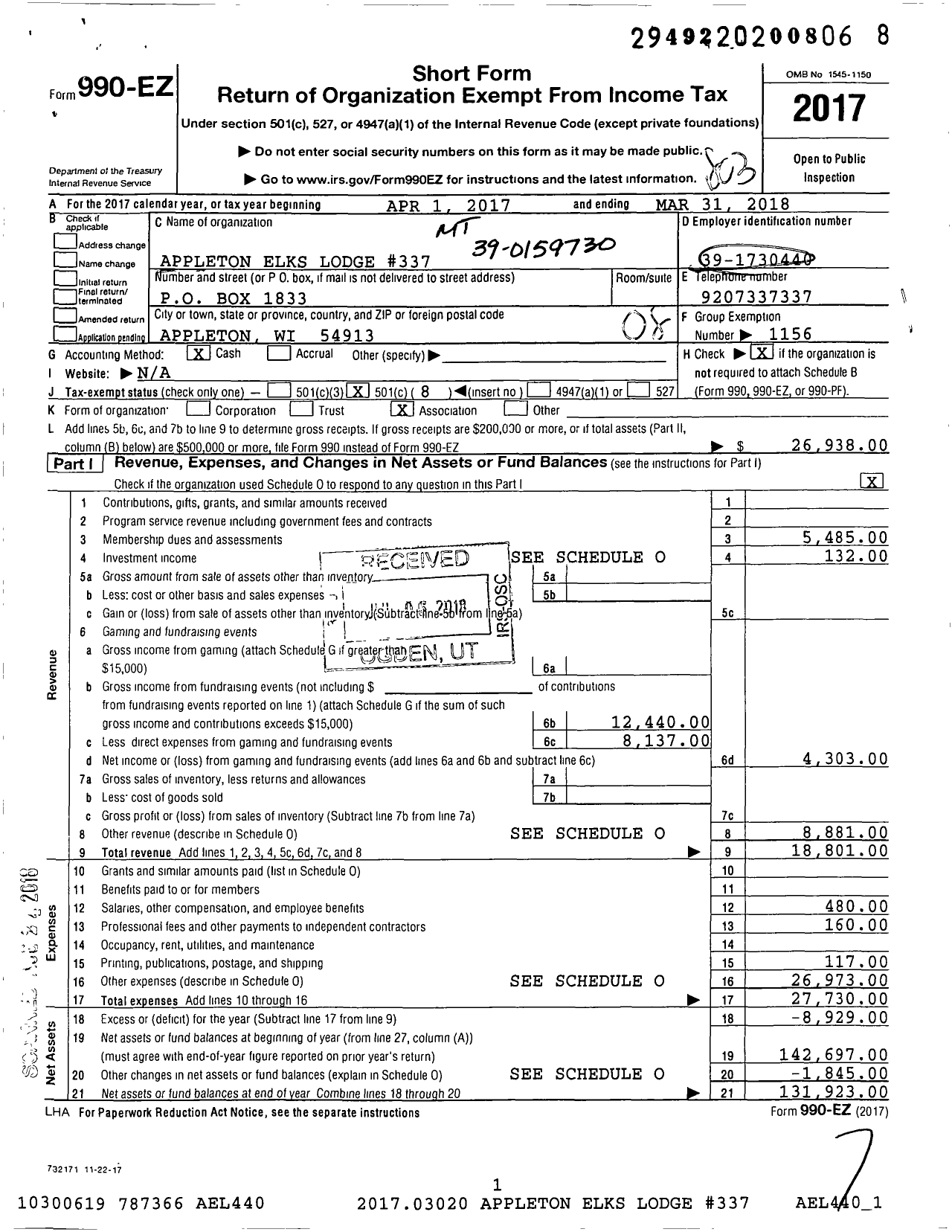 Image of first page of 2017 Form 990EO for Benevolent and Protective Order of Elks - 337 Appleton