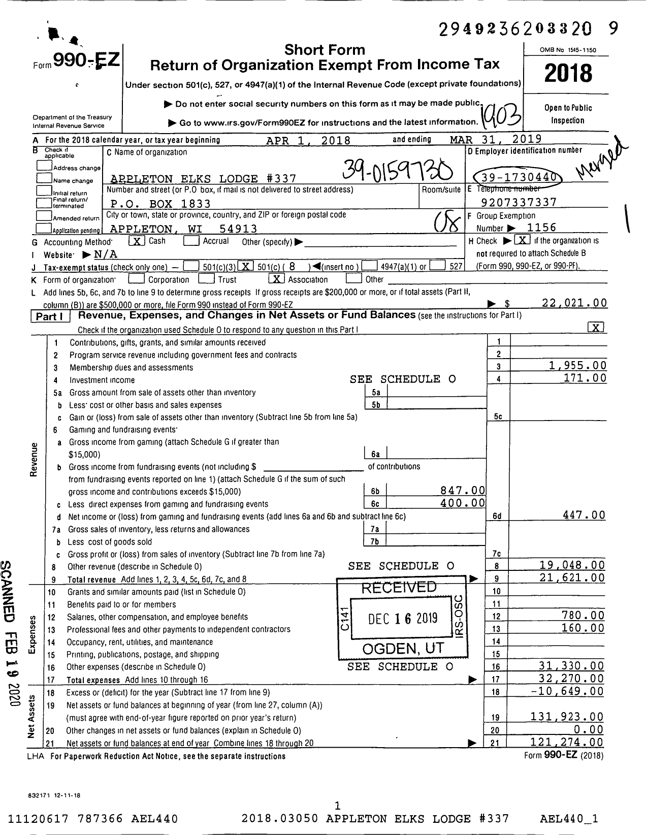 Image of first page of 2018 Form 990EO for Benevolent and Protective Order of Elks - 337 Appleton