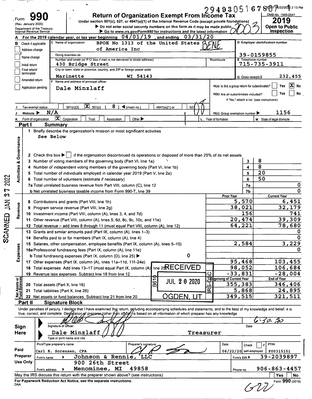 Image of first page of 2019 Form 990O for Benevolent and Protective Order of Elks - 1313 Marinette