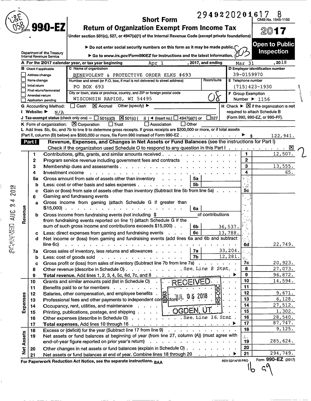 Image of first page of 2017 Form 990EO for Benevolent and Protective Order of Elks - 693 Wisconsin Rapids