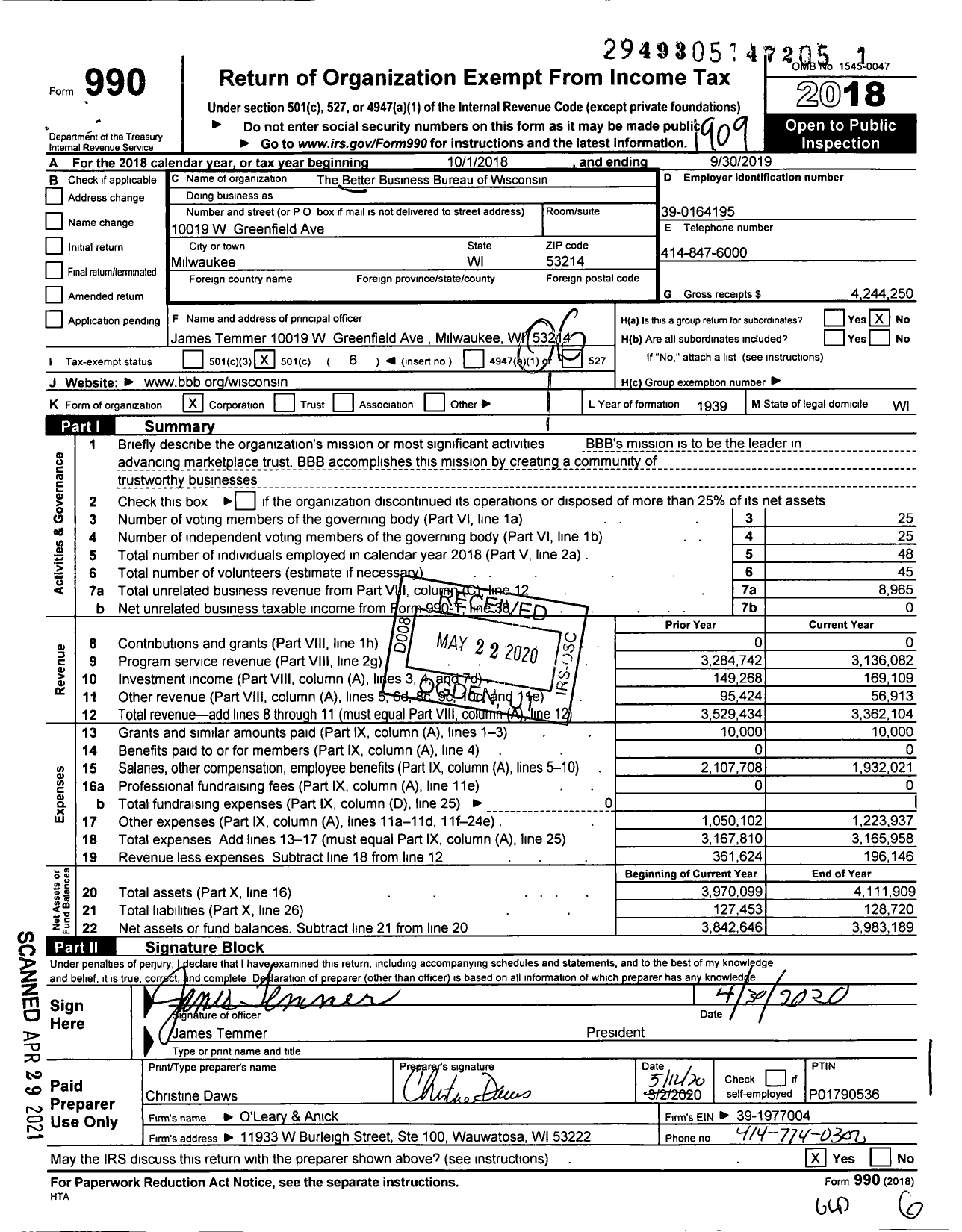 Image of first page of 2018 Form 990O for The Better Business Bureau of Wisconsin