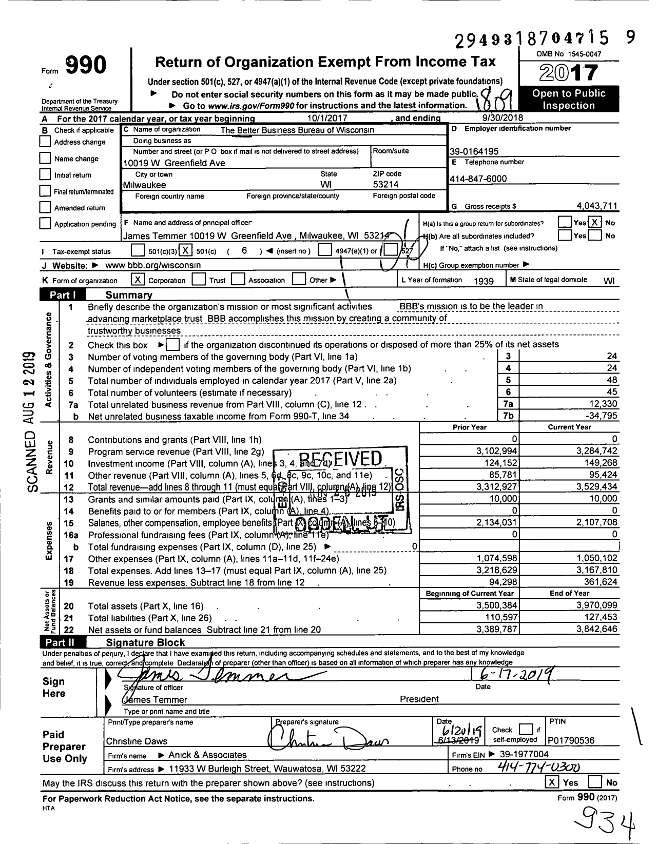 Image of first page of 2017 Form 990O for The Better Business Bureau of Wisconsin