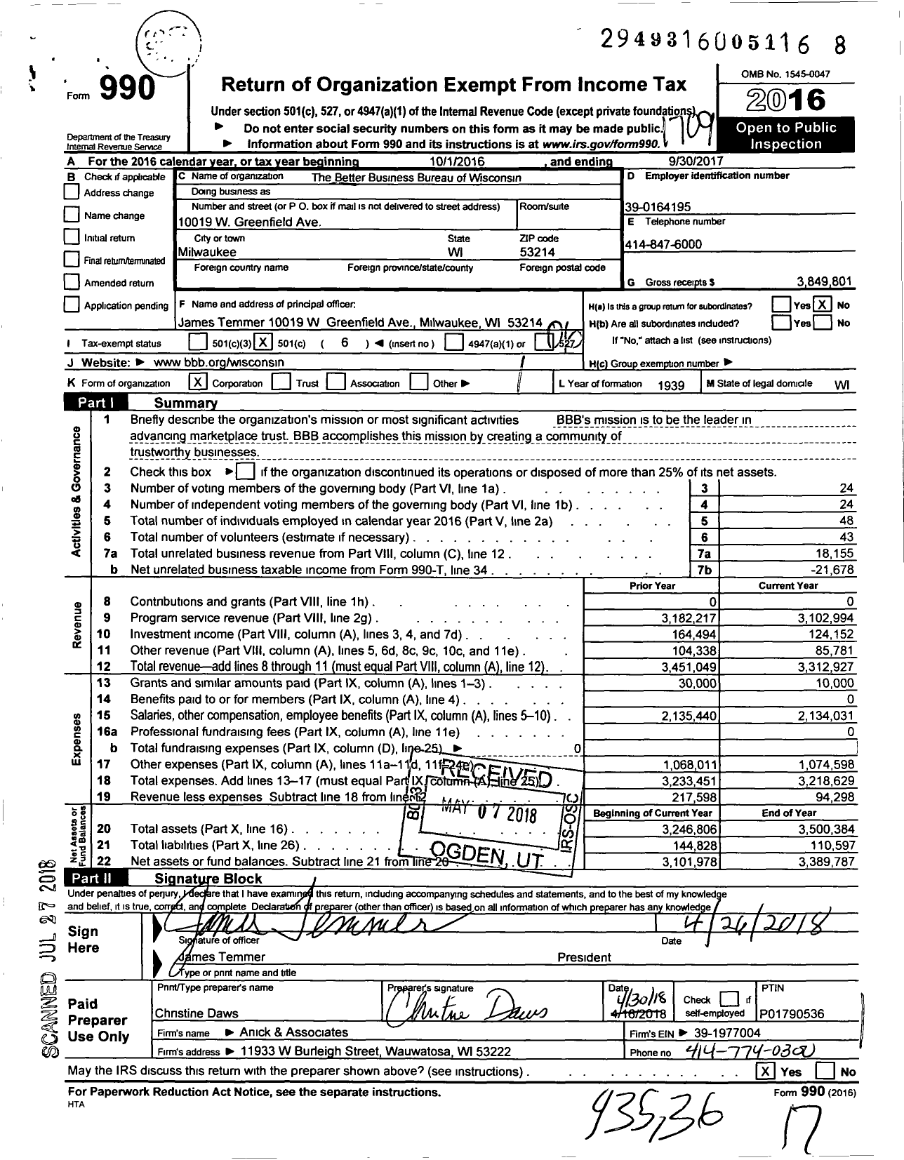 Image of first page of 2016 Form 990O for The Better Business Bureau of Wisconsin