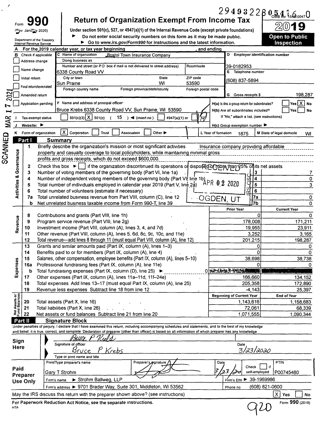 Image of first page of 2019 Form 990O for Bristol Town Insurance Company