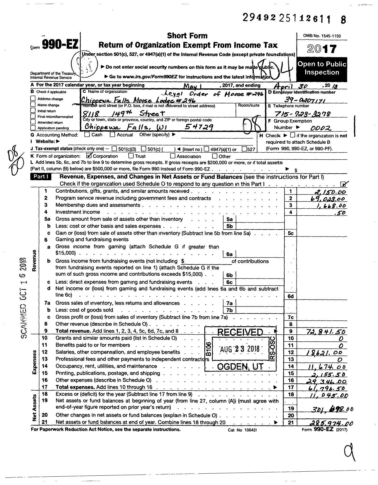 Image of first page of 2017 Form 990EO for Loyal Order of Moose - 246
