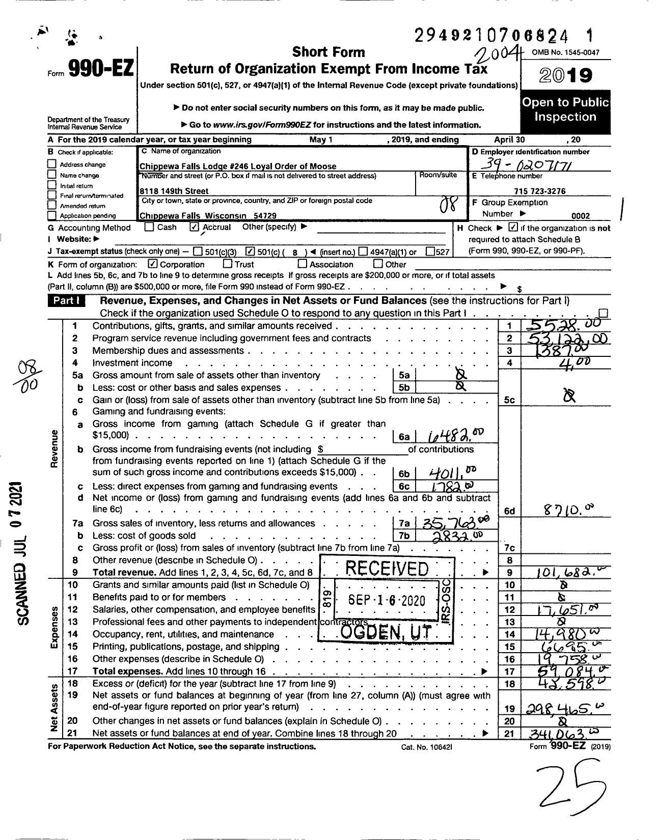 Image of first page of 2019 Form 990EO for Loyal Order of Moose - 246