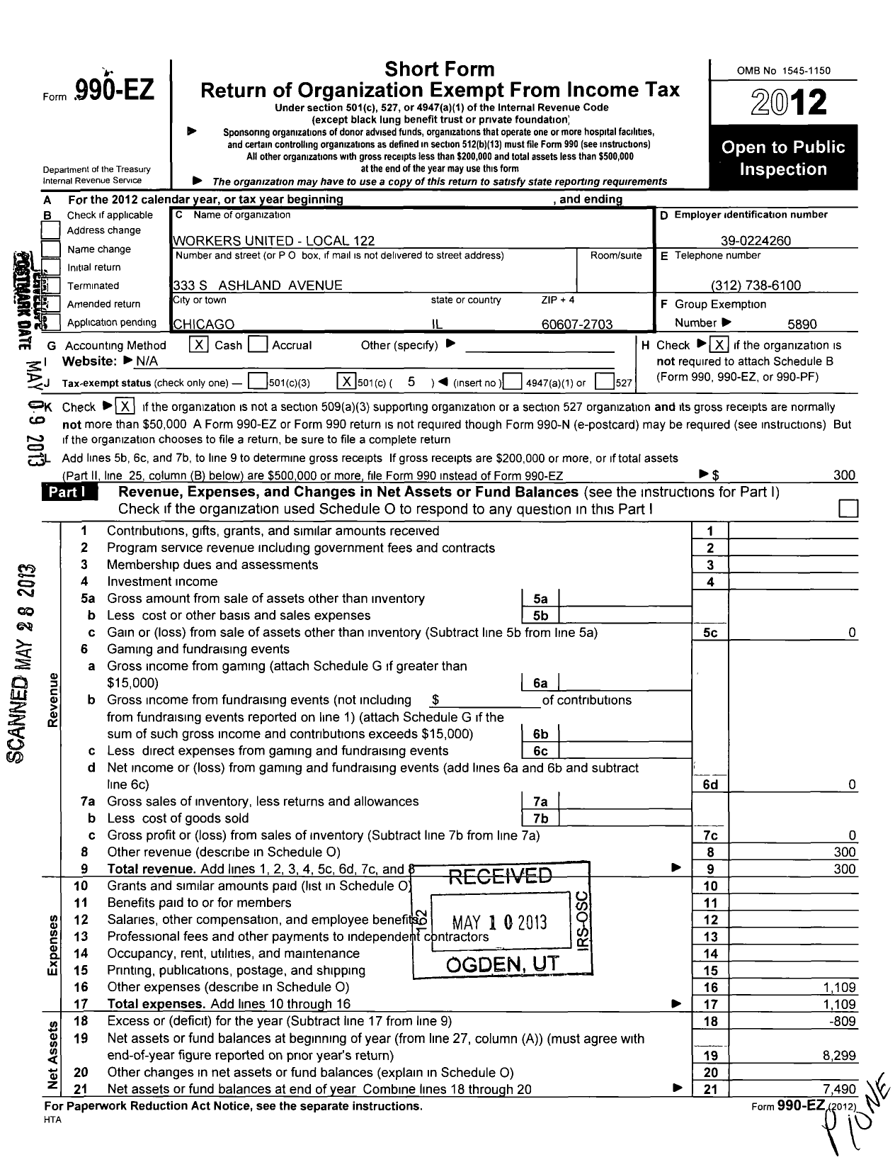 Image of first page of 2012 Form 990EO for Workers United - 122 Local Milwaukee Wi