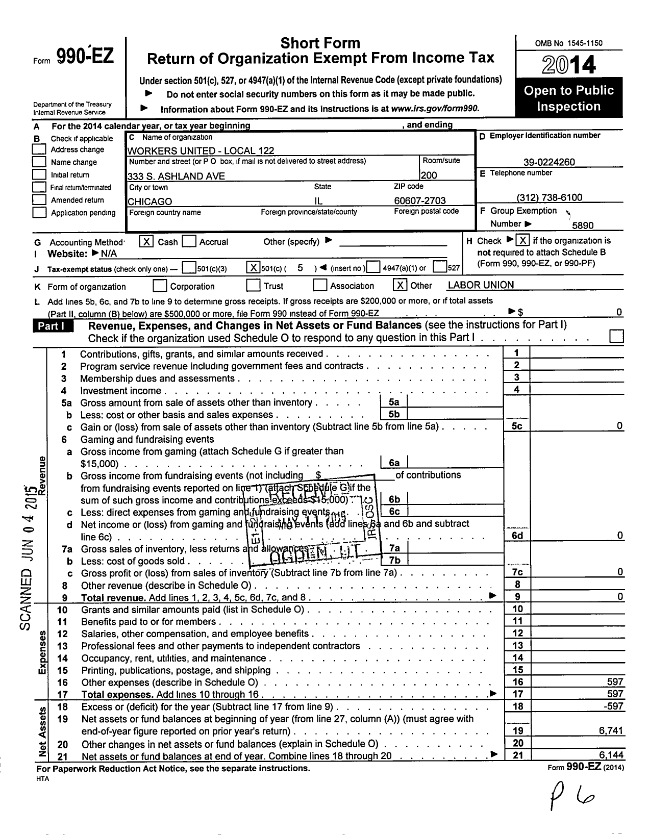 Image of first page of 2014 Form 990EO for Workers United - 122 Local Milwaukee Wi