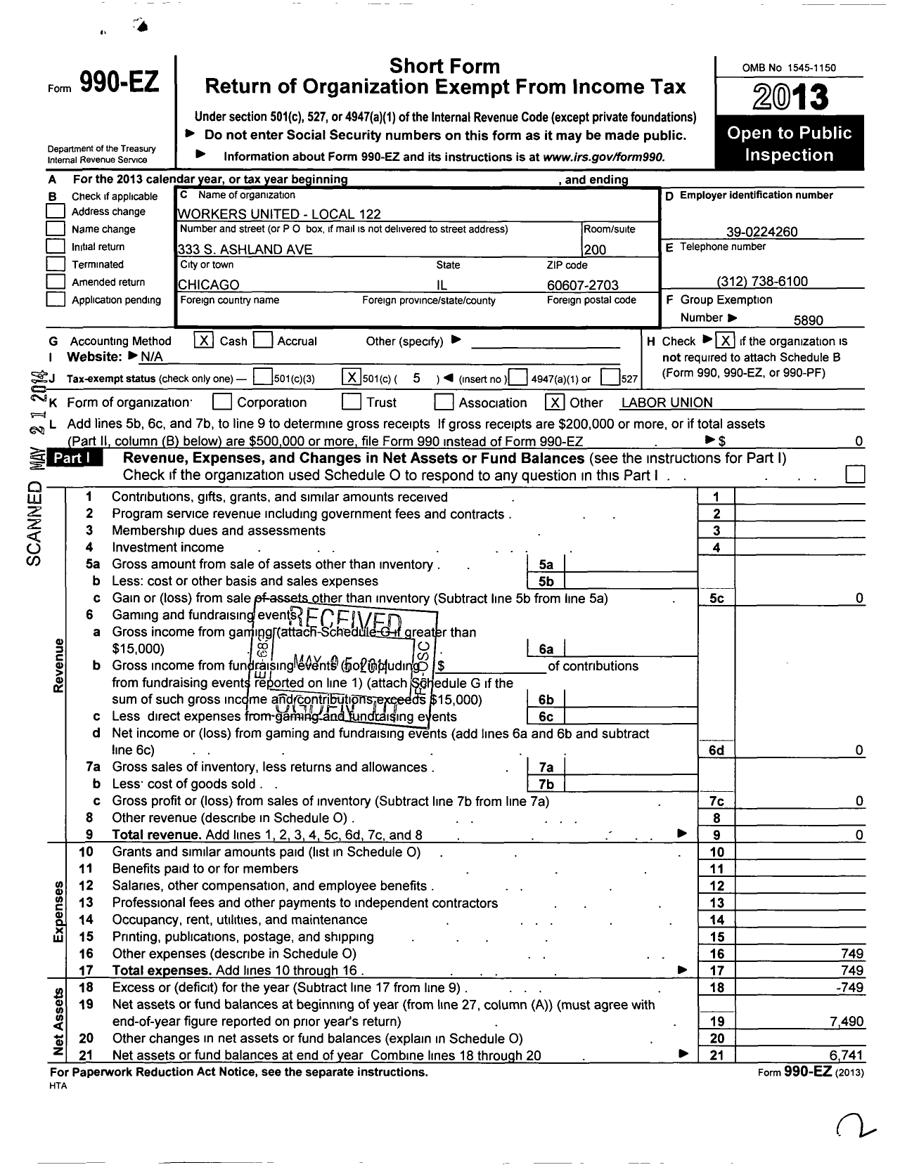 Image of first page of 2013 Form 990EO for Workers United - 122 Local Milwaukee Wi