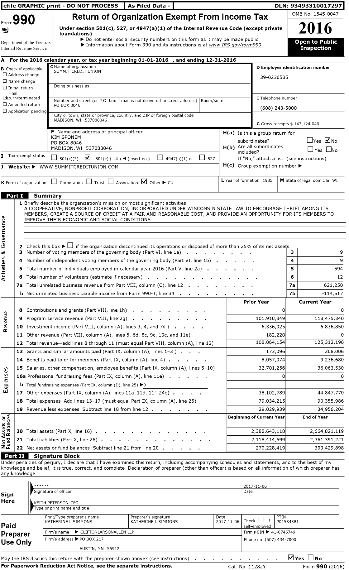 Image of first page of 2016 Form 990O for Summit Credit Union