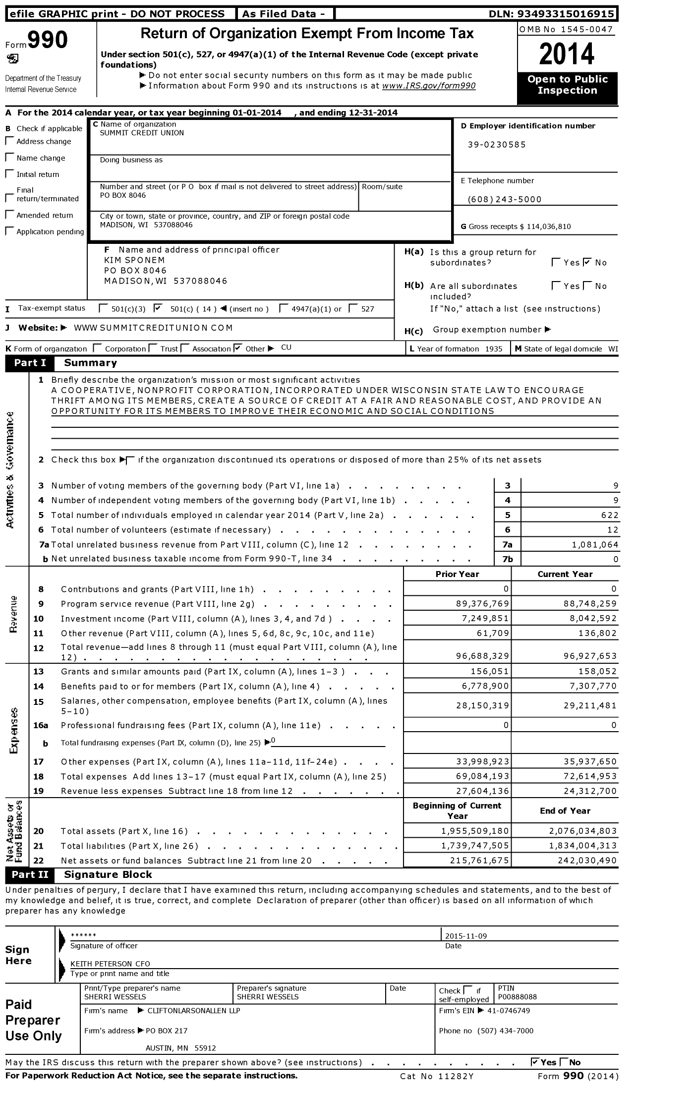 Image of first page of 2014 Form 990O for Summit Credit Union