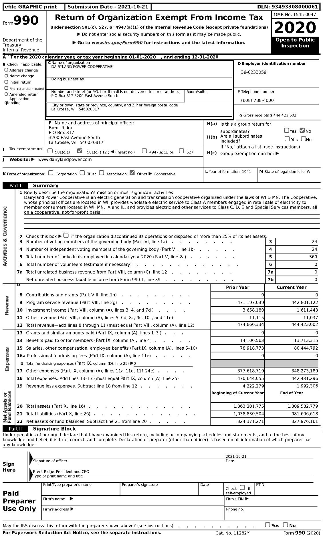 Image of first page of 2020 Form 990 for Dairyland Power Cooperative