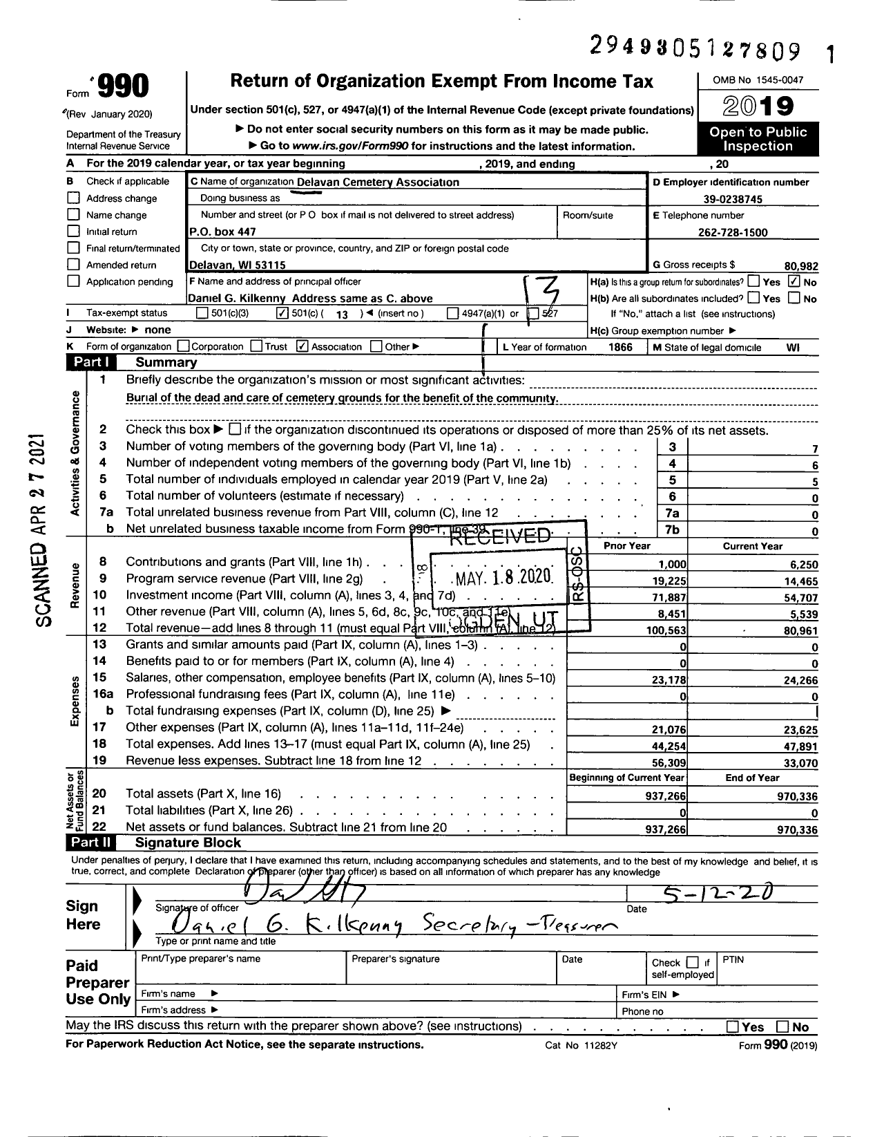 Image of first page of 2019 Form 990O for Delavan Cemetery Association