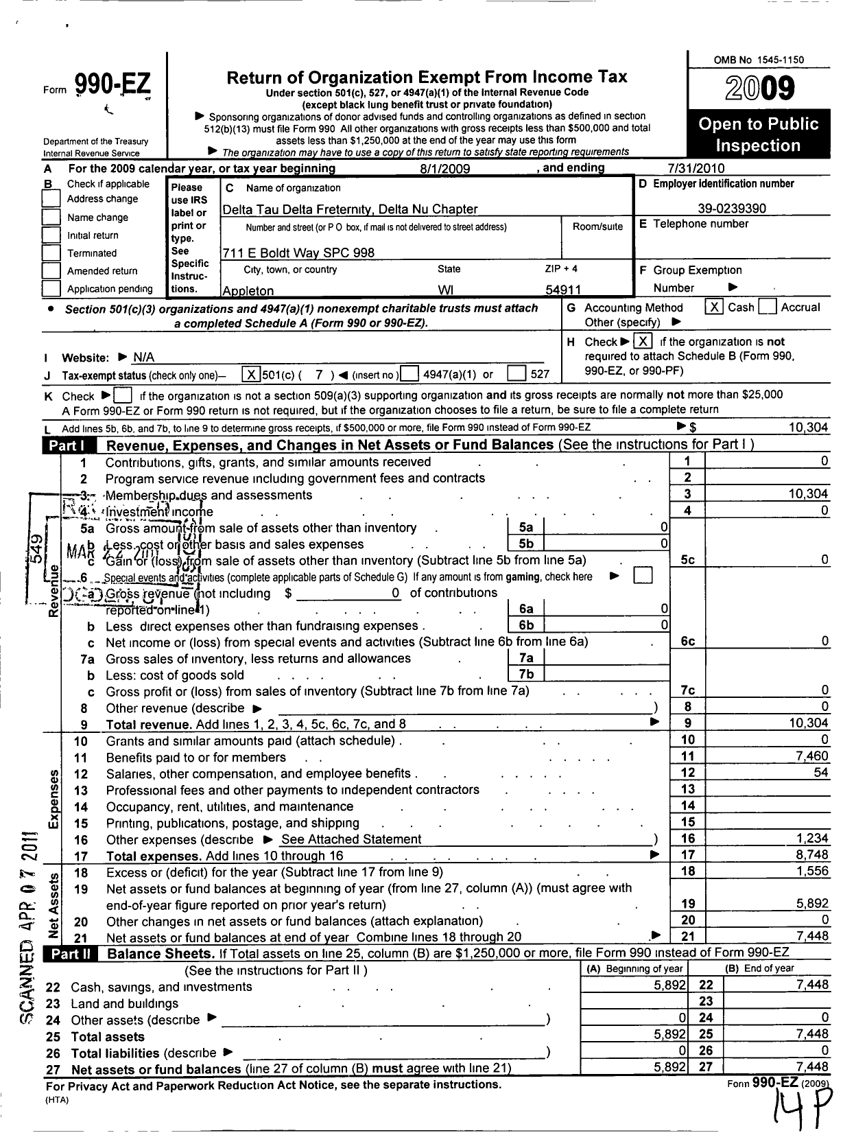 Image of first page of 2009 Form 990EO for Delta Tau Delta Fraternity - Delta Nu Chapter