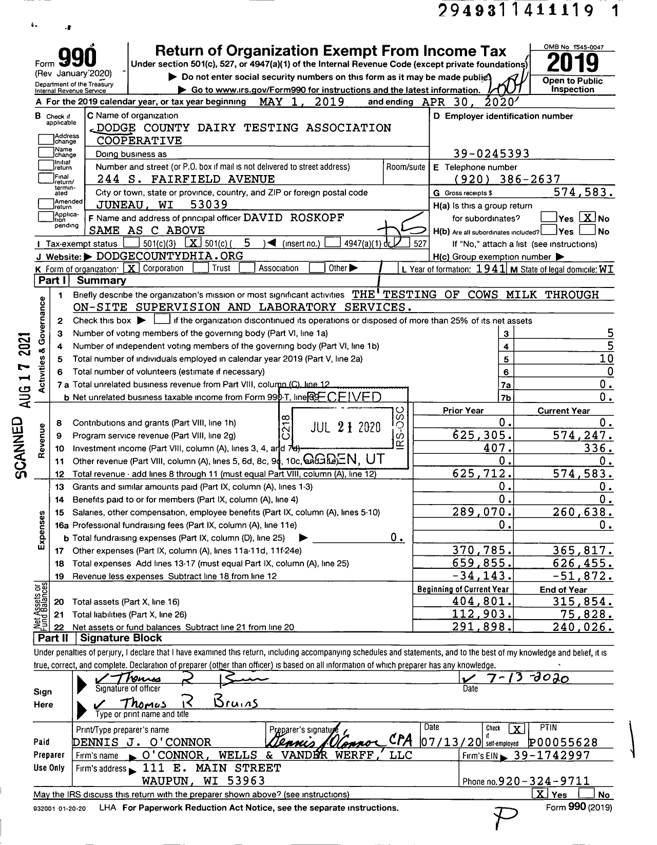 Image of first page of 2019 Form 990O for Dodge County Dairy Testing Association Cooperative