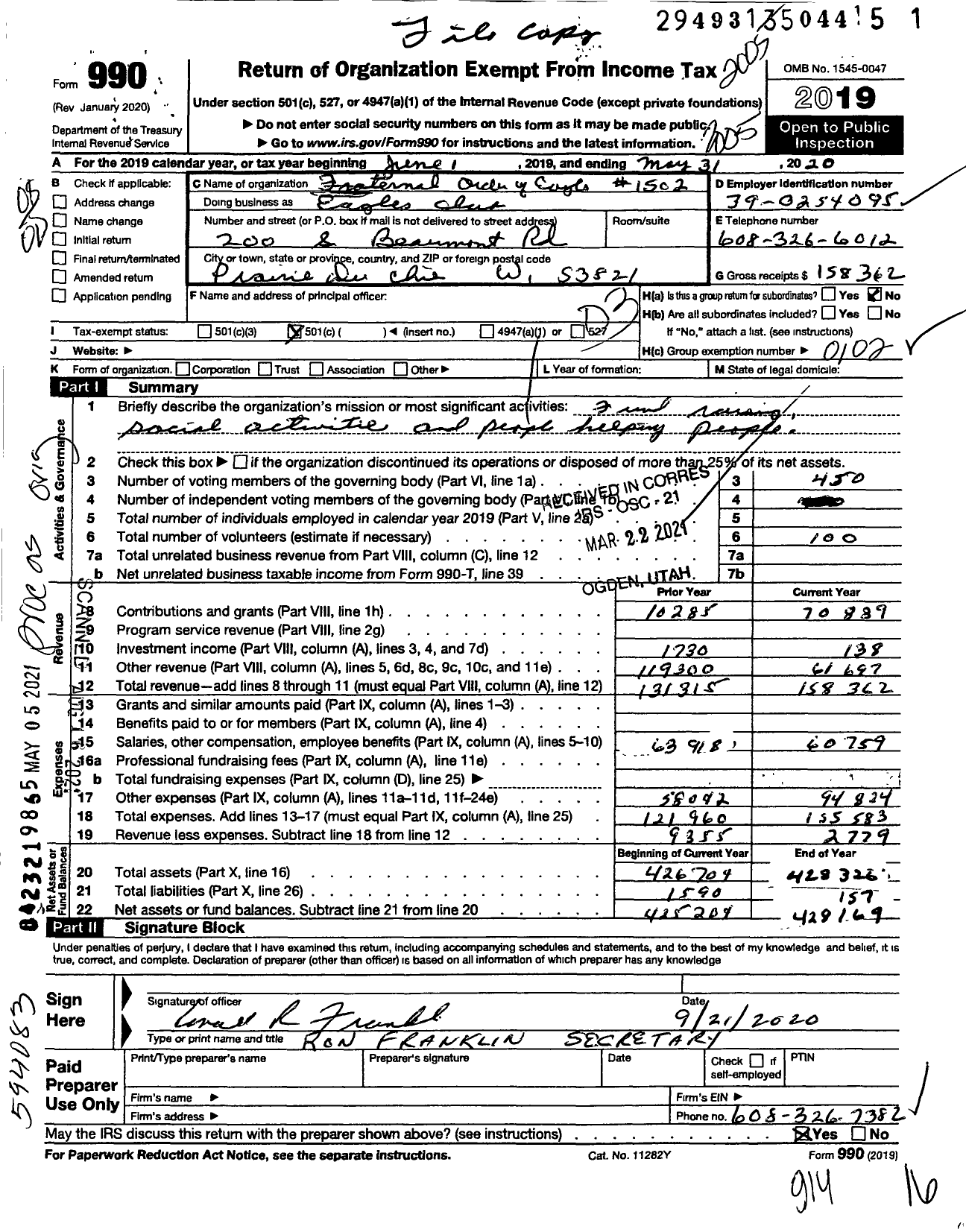 Image of first page of 2019 Form 990O for Fraternal Order of Eagles - Eagles Club / Eagles Club