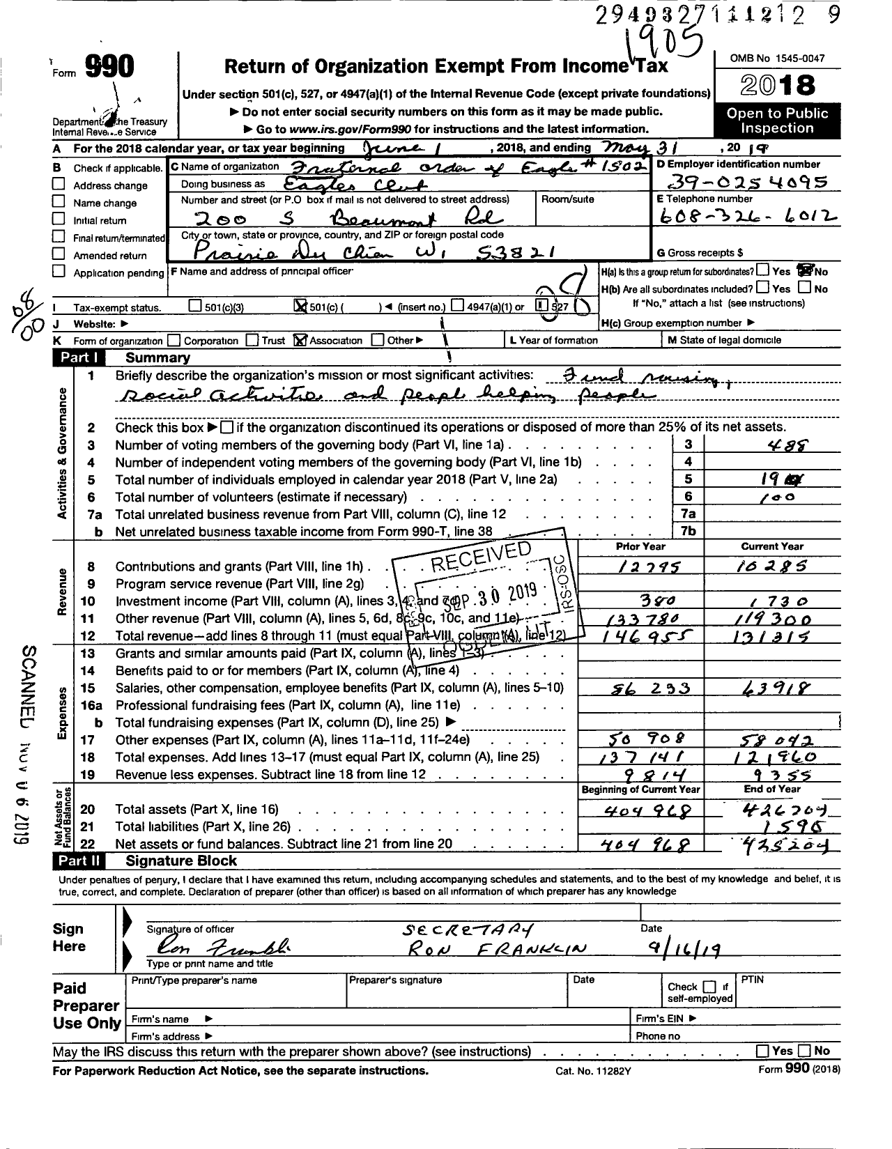 Image of first page of 2018 Form 990O for Fraternal Order of Eagles - Eagles Club / Eagles Club