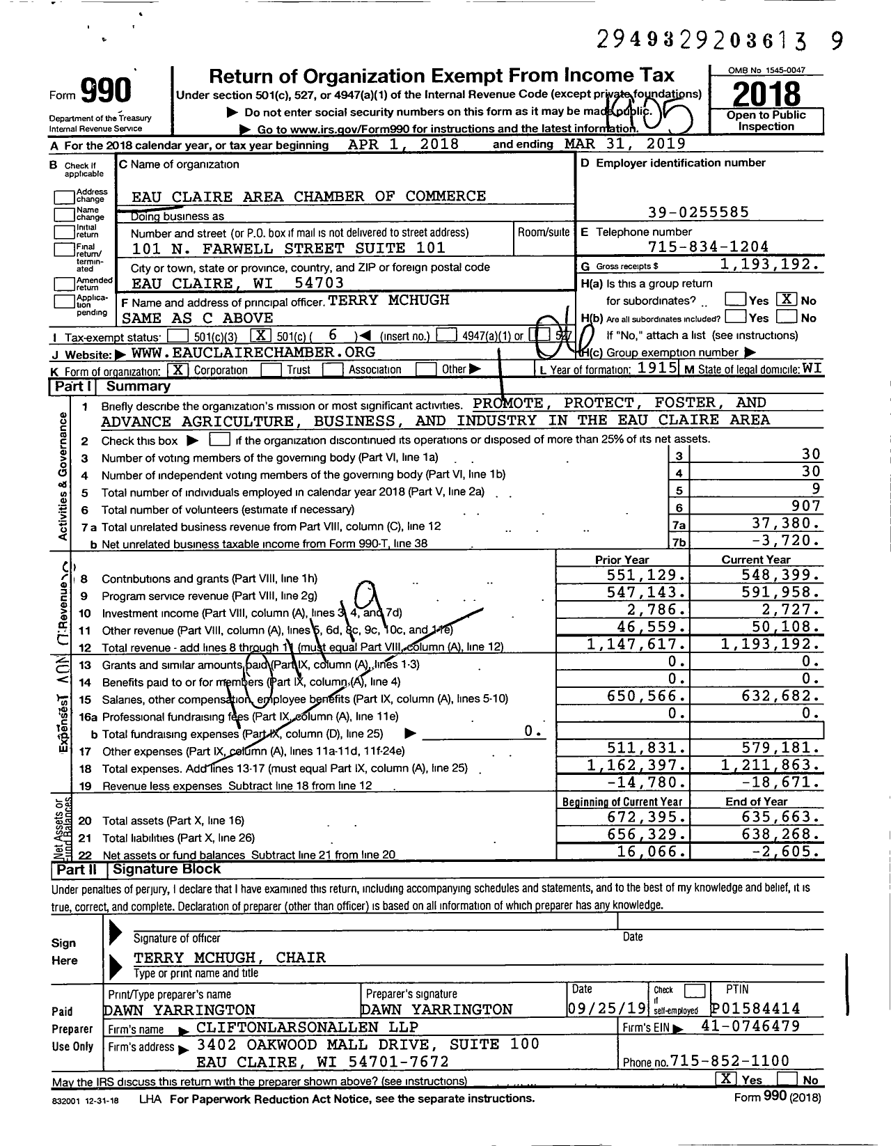 Image of first page of 2018 Form 990O for Eau Claire Area Chamber of Commerce