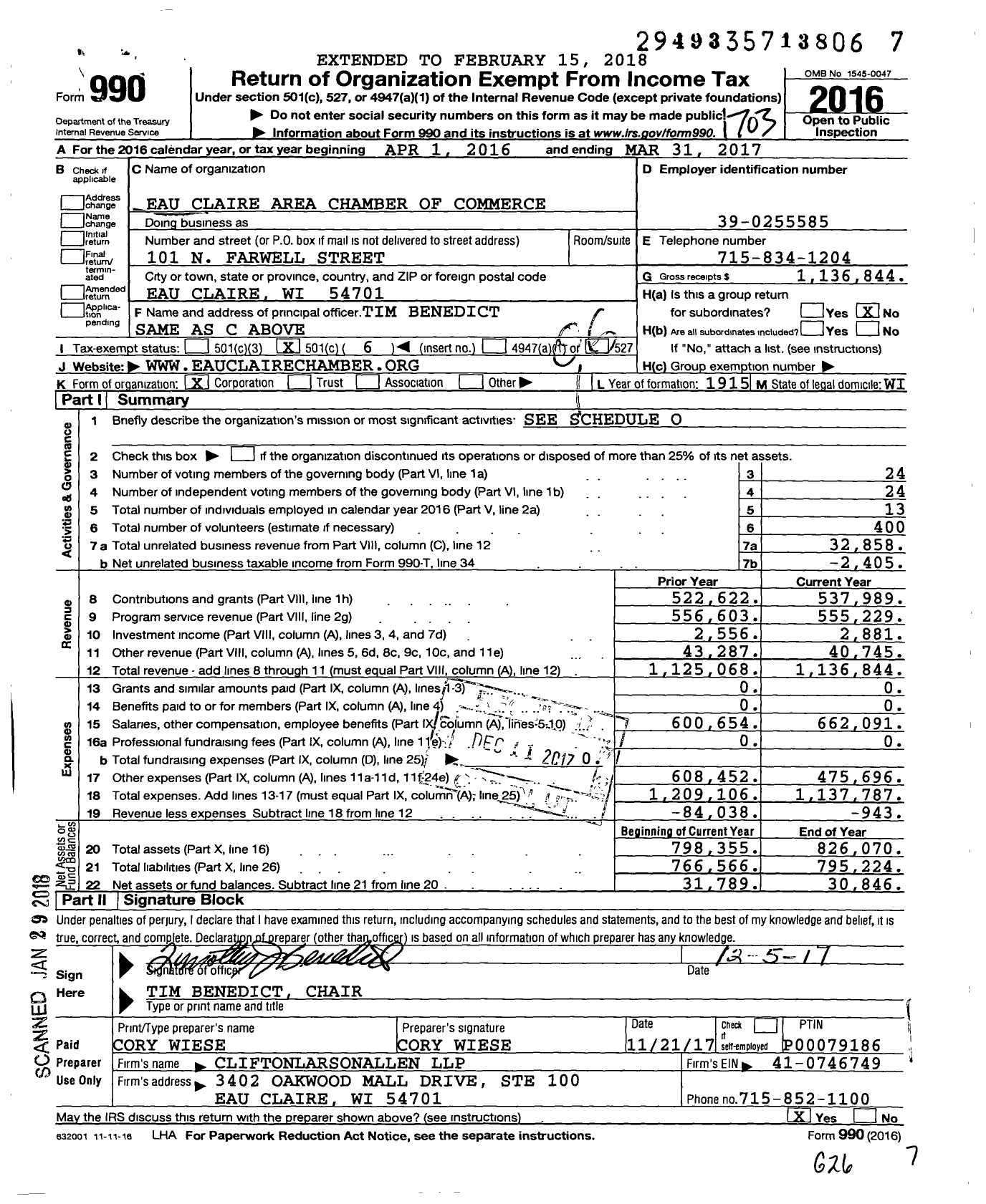 Image of first page of 2016 Form 990O for Eau Claire Area Chamber of Commerce