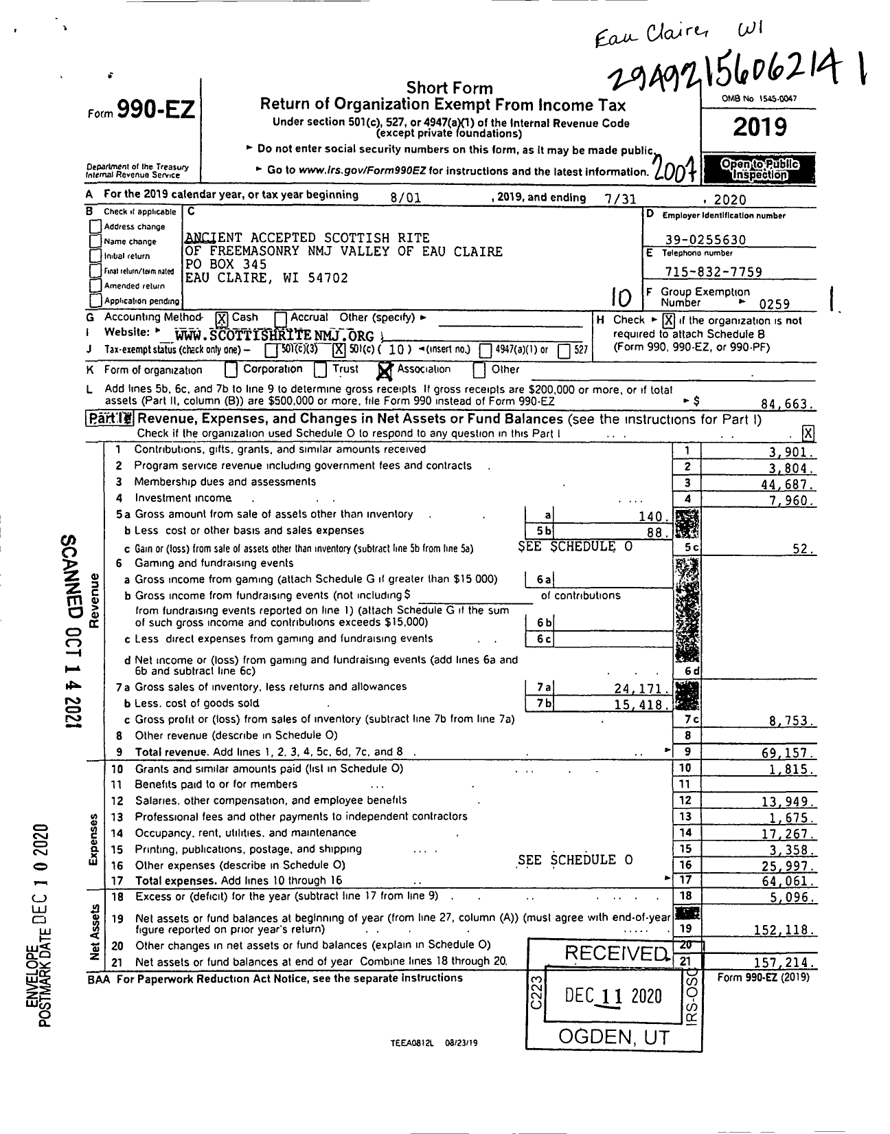 Image of first page of 2019 Form 990EO for Scottish Rite, NMJ - Valley of Eau Claire Consistory