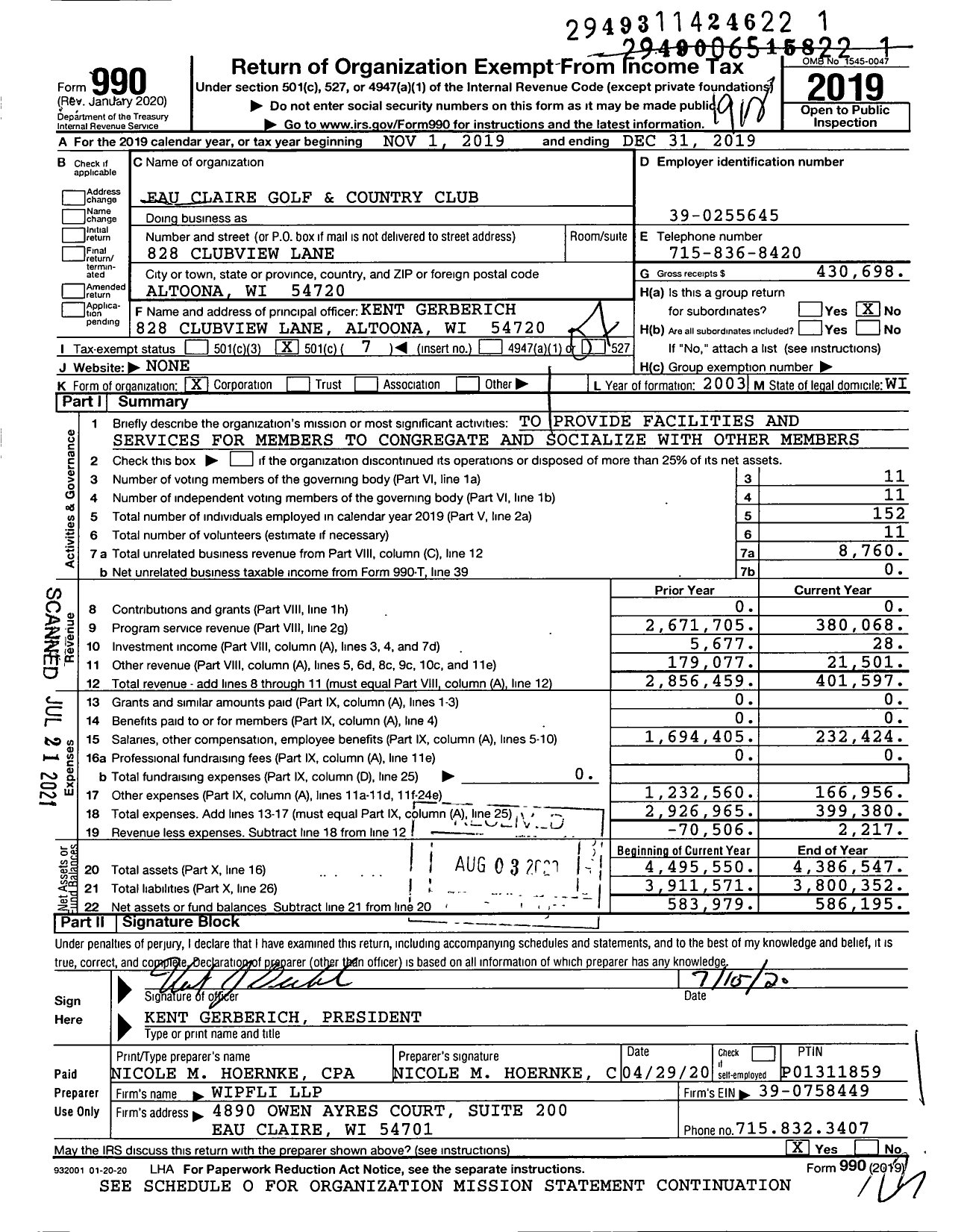 Image of first page of 2019 Form 990O for Eau Claire Golf and Country Club