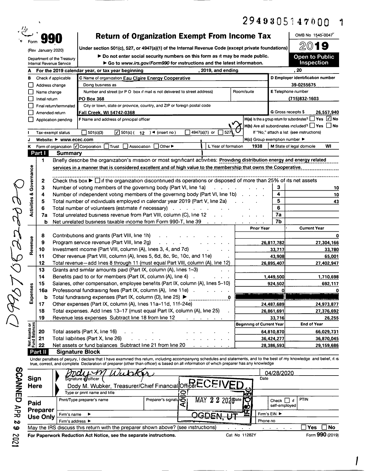 Image of first page of 2019 Form 990O for Eau Claire Energy Cooperative