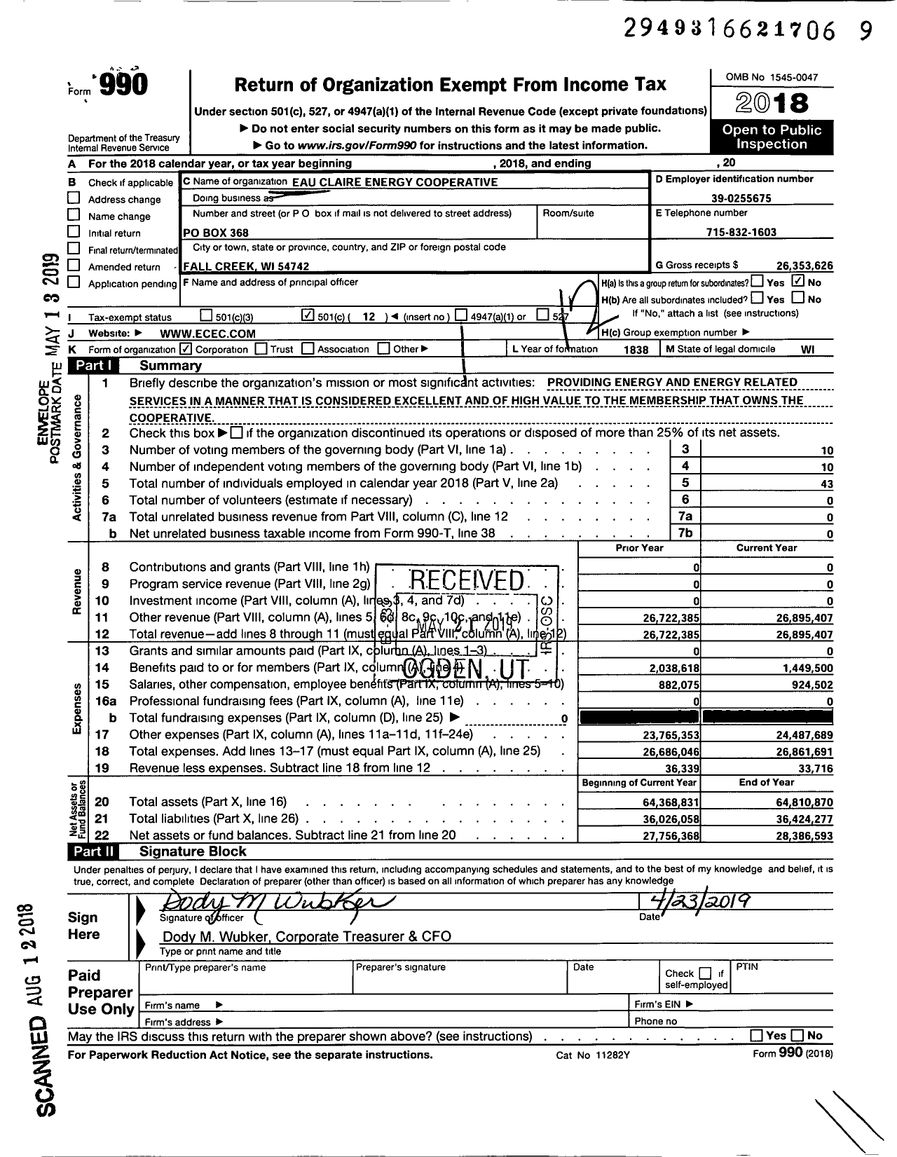 Image of first page of 2018 Form 990O for Eau Claire Energy Cooperative