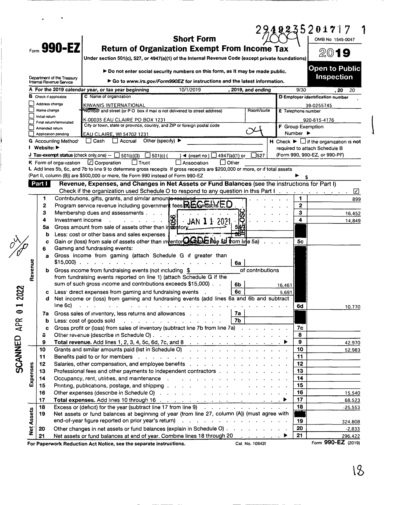 Image of first page of 2019 Form 990EO for Kiwanis International - K00035 Eau Claire