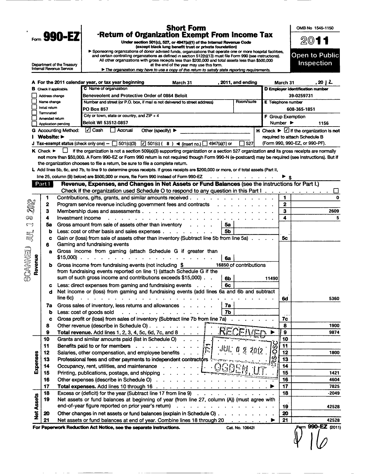 Image of first page of 2011 Form 990EO for Benevolent and Protective Order of Elks - 0864 Beloit