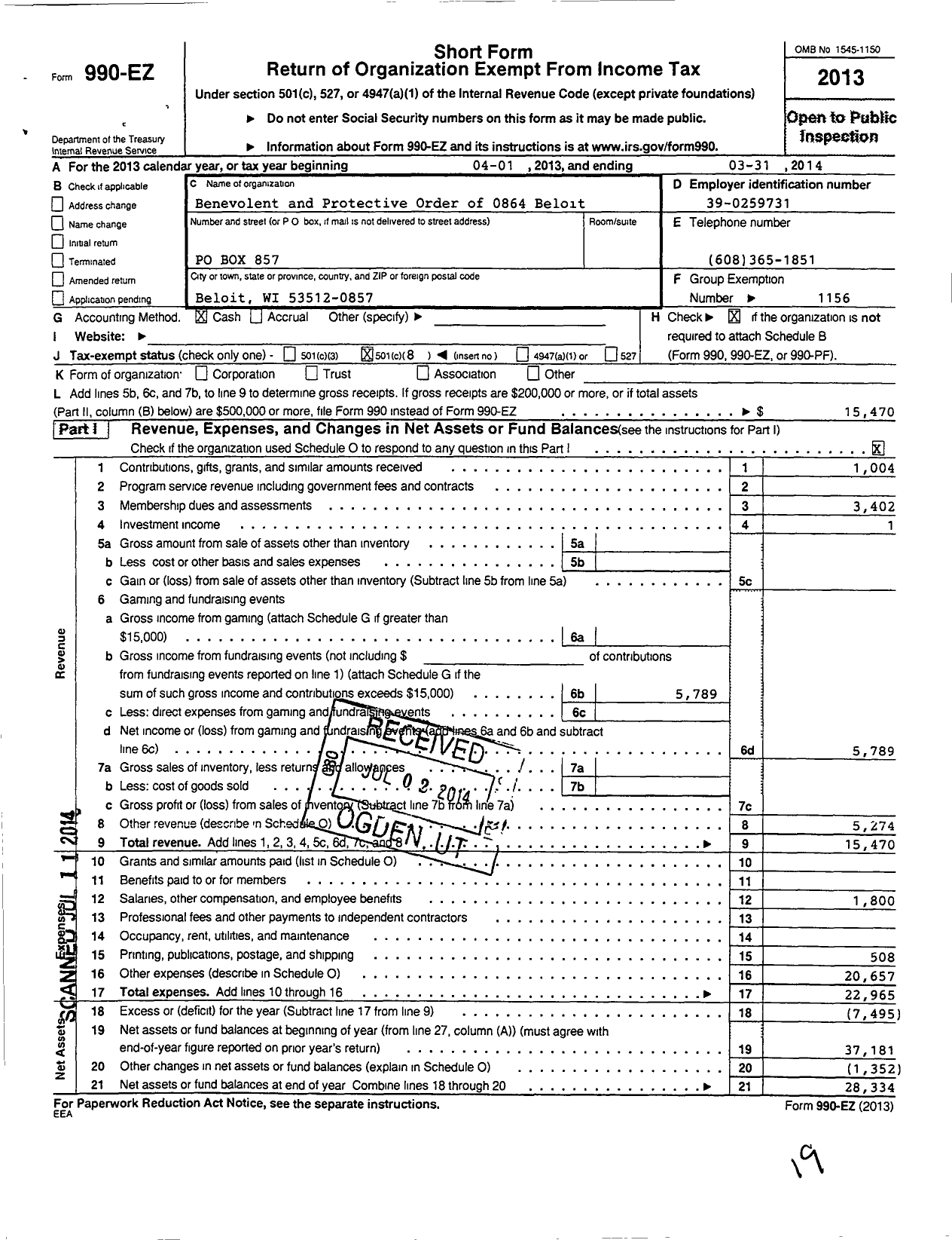 Image of first page of 2013 Form 990EO for Benevolent and Protective Order of Elks - 0864 Beloit