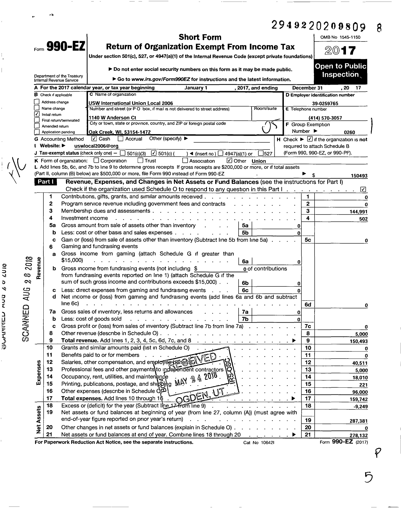 Image of first page of 2017 Form 990EO for United Steelworkers - 02006 Local