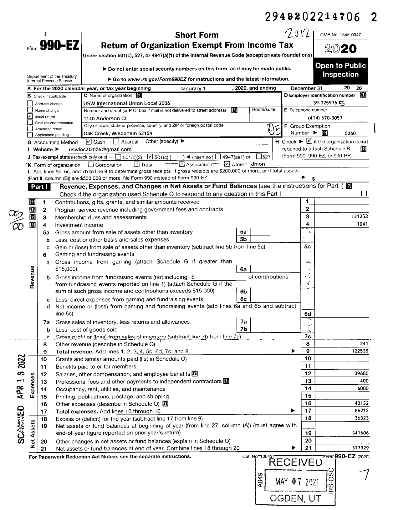 Image of first page of 2020 Form 990EO for United Steelworkers - 02006 Local