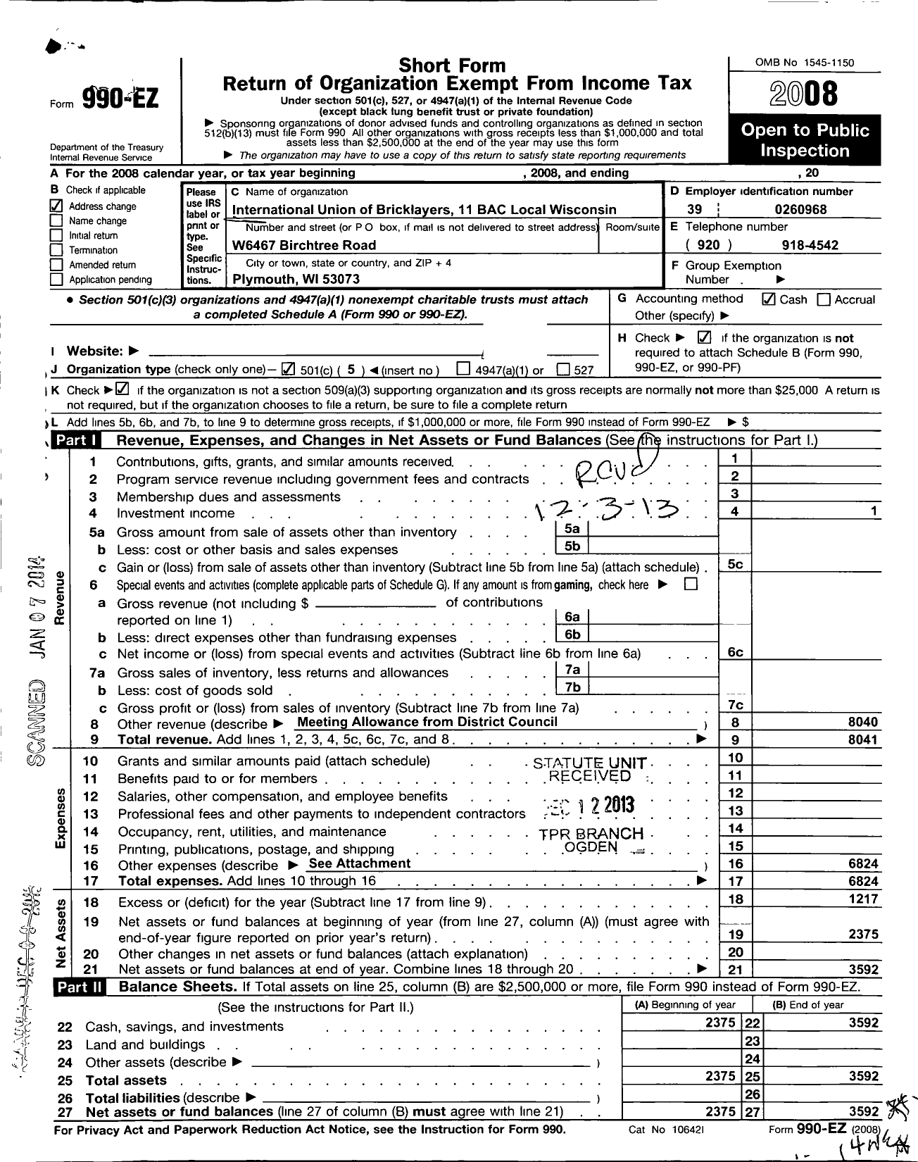 Image of first page of 2008 Form 990EO for International Union of Bricklayers and Allied Craftworkers / 11 Bac Local Wisconsin