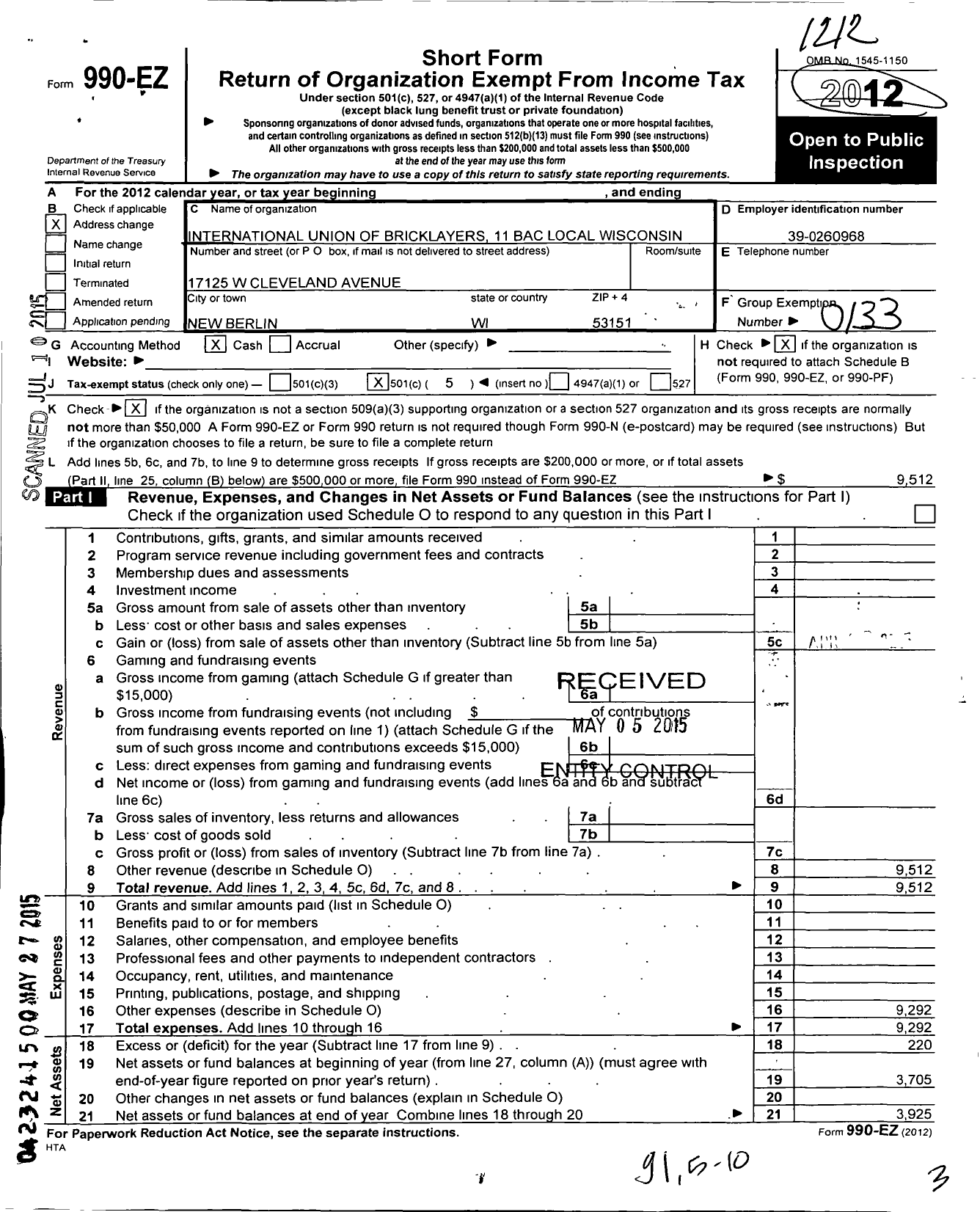 Image of first page of 2012 Form 990EO for International Union of Bricklayers and Allied Craftworkers / 11 Bac Local Wisconsin