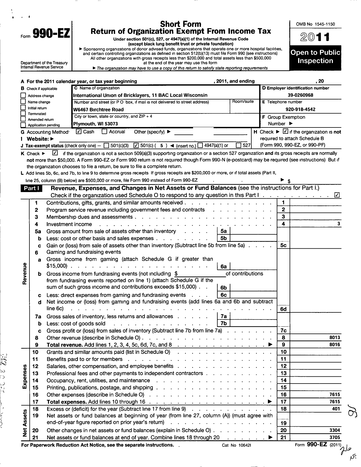 Image of first page of 2011 Form 990EO for International Union of Bricklayers and Allied Craftworkers / 11 Bac Local Wisconsin