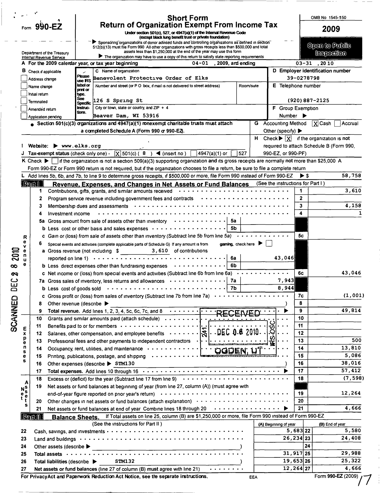 Image of first page of 2009 Form 990EO for Benevolent and Protective Order of Elks - 1540 Beaver Dam