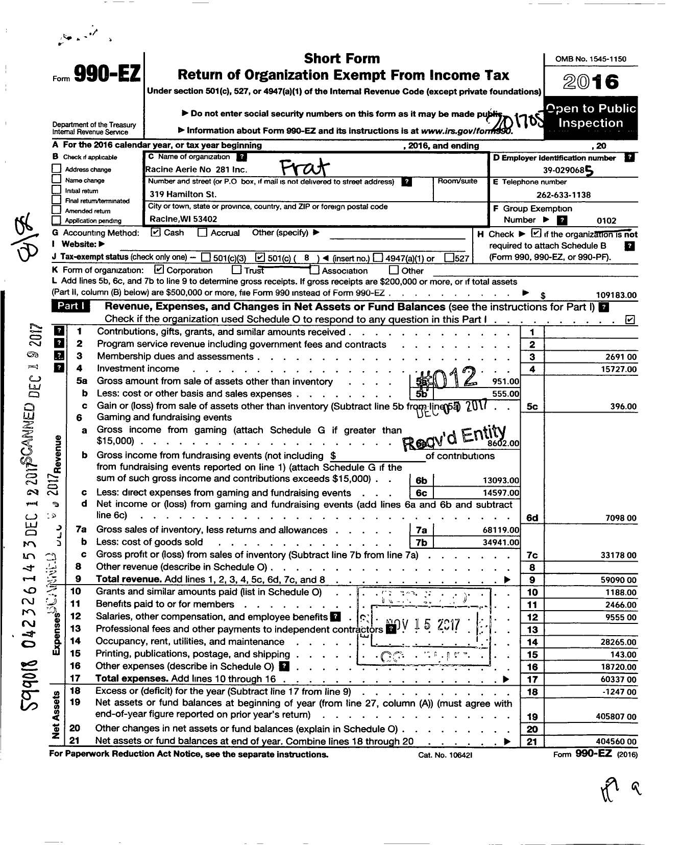 Image of first page of 2016 Form 990EO for Fraternal Order of Eagles - Racine Eagles Club