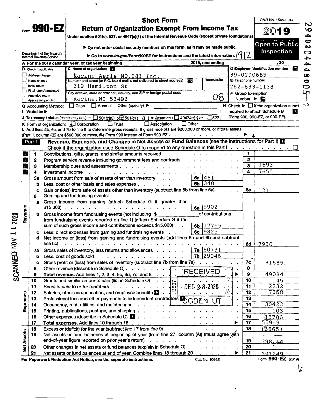 Image of first page of 2019 Form 990EO for Fraternal Order of Eagles - Racine Eagles Club