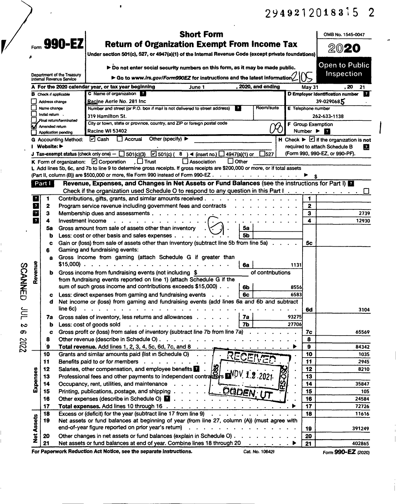 Image of first page of 2020 Form 990EO for Fraternal Order of Eagles - Racine Eagles Club