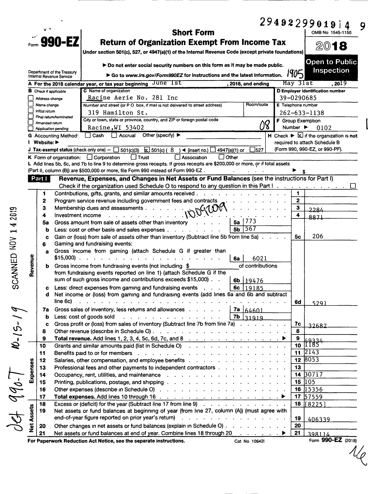 Image of first page of 2018 Form 990EO for Fraternal Order of Eagles - Racine Eagles Club